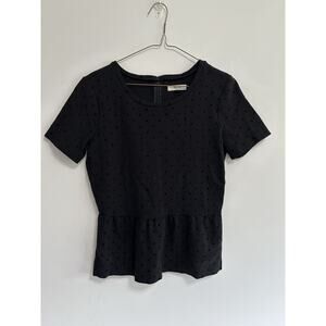 Madewell Top‎ Polka Dot Flocked Velvet Small Tee Ruffle Size Small Stretch Black